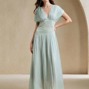Baby Blue Elegant Women's V-Neck Beaded Chain Pleated Waist Long Dress